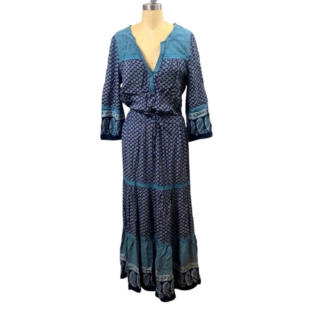 Vintage SFERA Maxi Dress‎ Blue Green print Large 100% Viscose Bohemian Summer